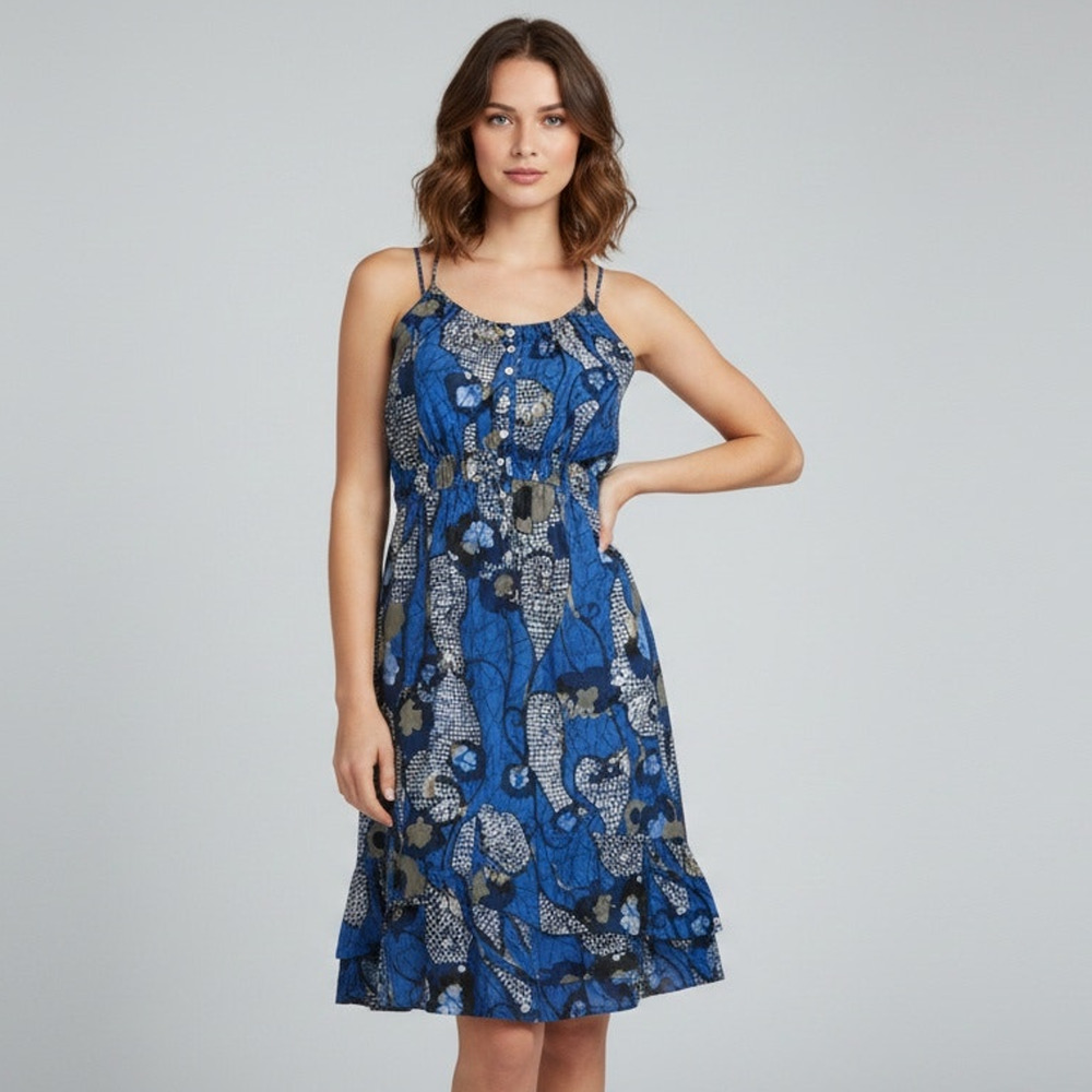 Banana Republic Silk Blend Halter Dress 0 Blue Abstract Floral Ruffle Pockets